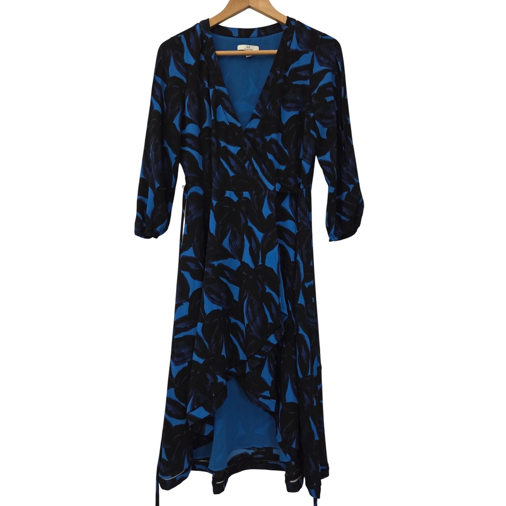 Halston Wrap Dress Leaf Print High Low Womens XS Blue Black HWF1740029